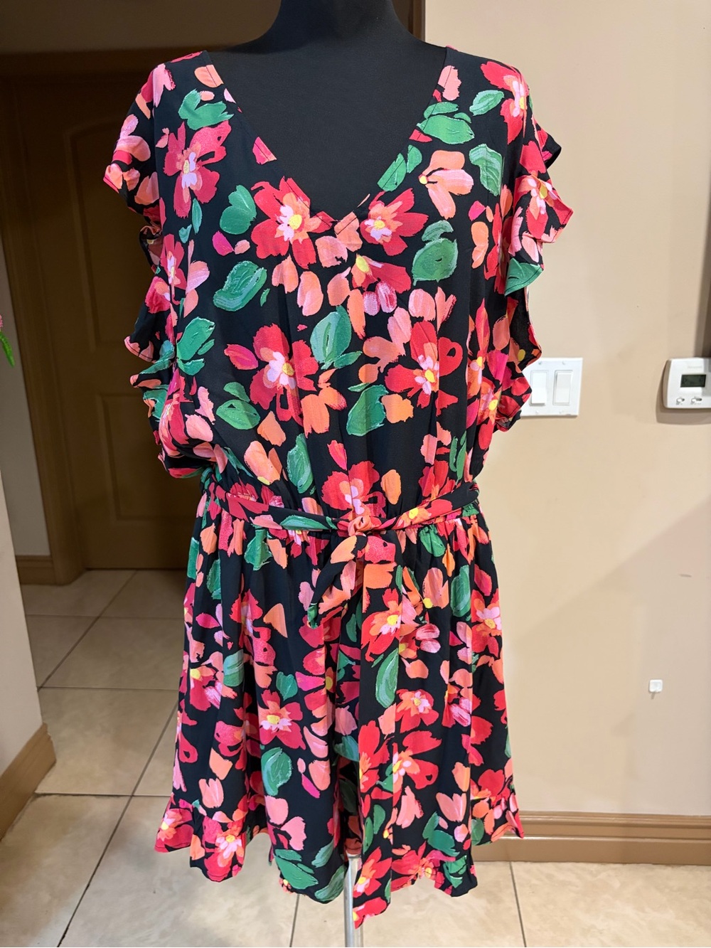 Black Floral V-Neck Women’s Romper with Self Tie Belt